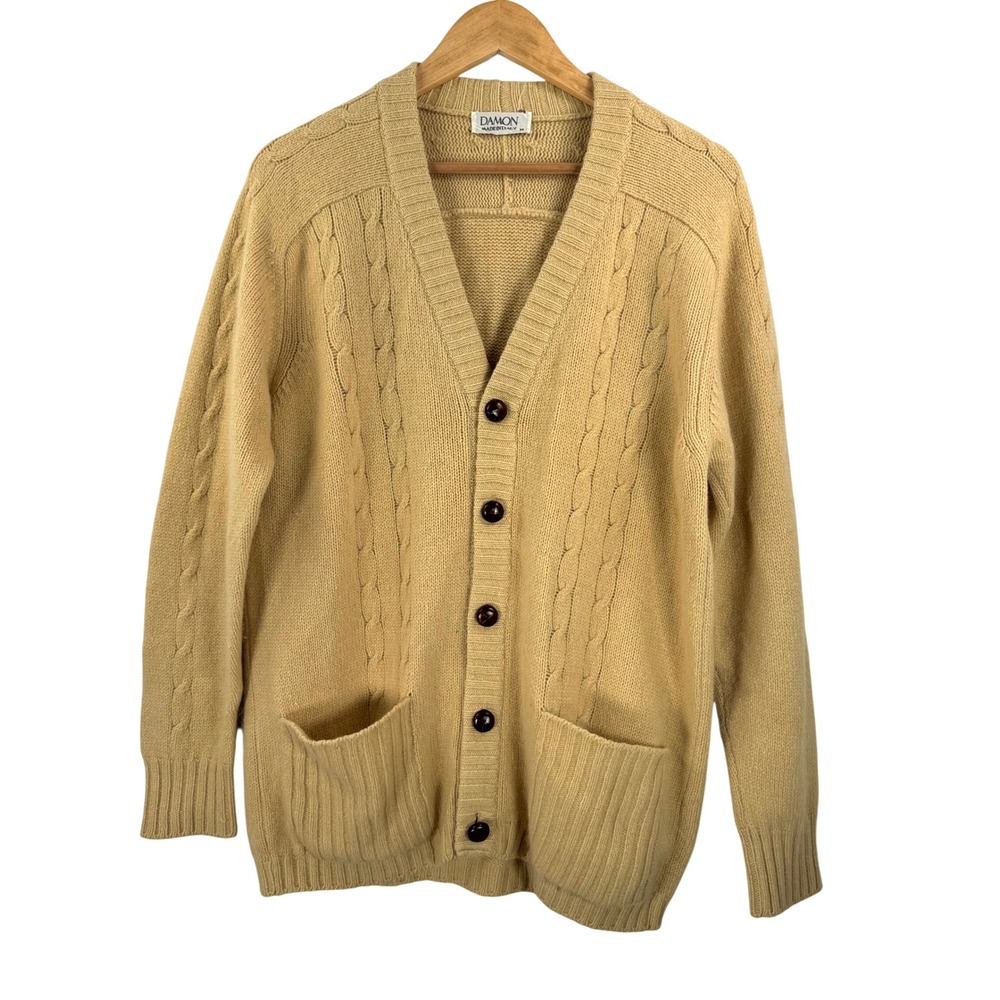VTG Damon Cardigan sz M Wool Angora Blend Cable Knit Made in Italy preppy